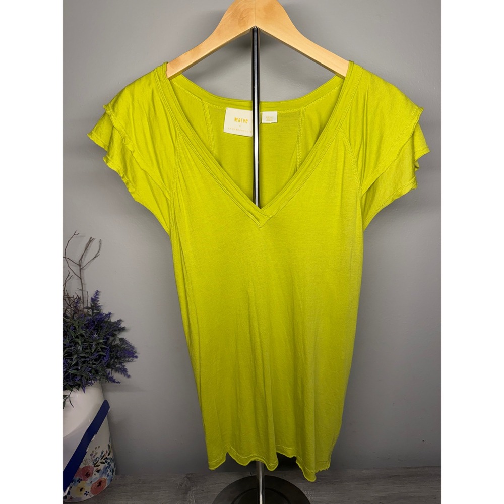 Maeve by Anthropologie Chartreuse Lime Green Ruffle Sleeve V-Neck Top Small
